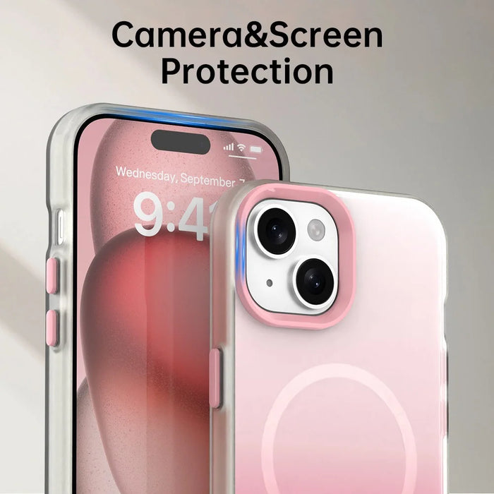 For iPhone 15 Plus Magnetic Case Gradient TPU + PET + PC IMD Shockproof Phone Cover - Pink - 7