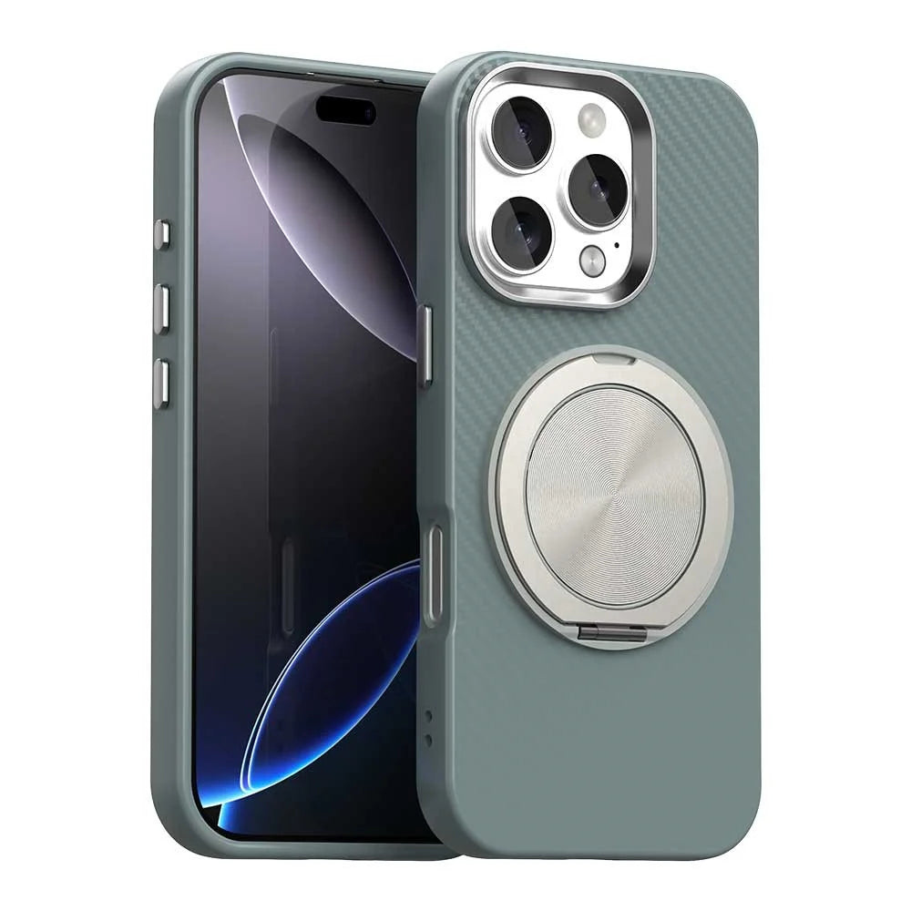 For iPhone 16 Pro Max Case Rotating Magnetic Kickstand Carbon Fiber Texture TPU + PET + PC Phone Cover - Green - 1