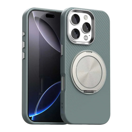 For iPhone 16 Pro Max Case Rotating Magnetic Kickstand Carbon Fiber Texture TPU + PET + PC Phone Cover - Green - 1