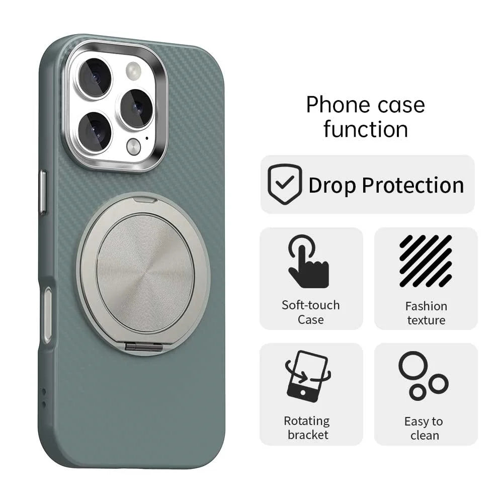 For iPhone 16 Pro Max Case Rotating Magnetic Kickstand Carbon Fiber Texture TPU + PET + PC Phone Cover - Green - 2