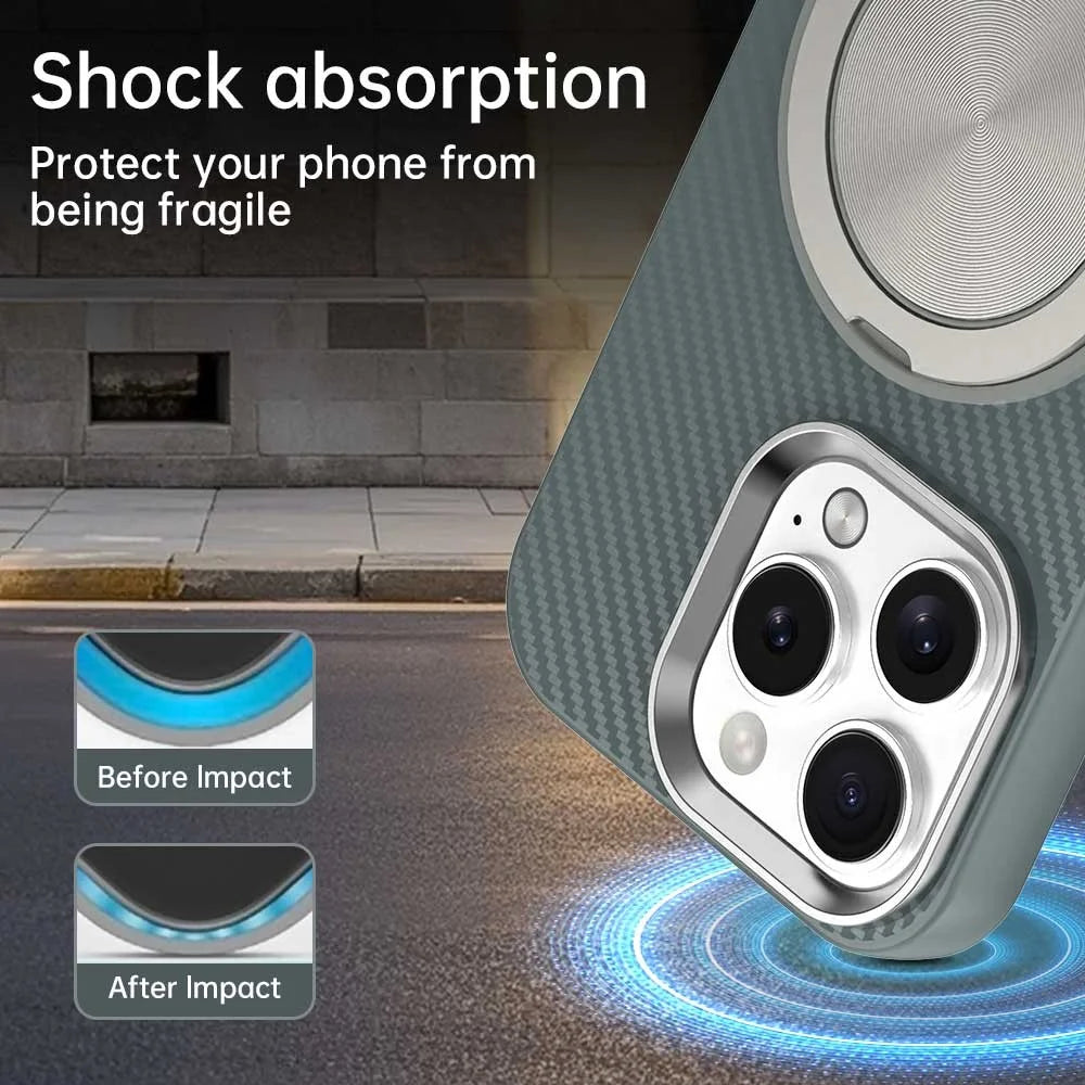 For iPhone 16 Pro Max Case Rotating Magnetic Kickstand Carbon Fiber Texture TPU + PET + PC Phone Cover - Green - 3