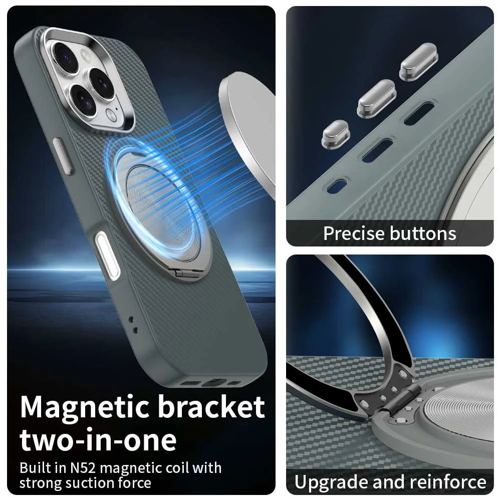For iPhone 16 Pro Max Case Rotating Magnetic Kickstand Carbon Fiber Texture TPU + PET + PC Phone Cover - Green - 5
