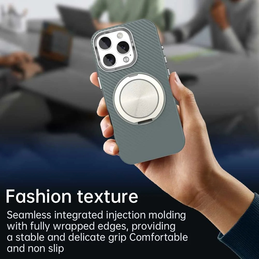 For iPhone 16 Pro Max Case Rotating Magnetic Kickstand Carbon Fiber Texture TPU + PET + PC Phone Cover - Green - 6
