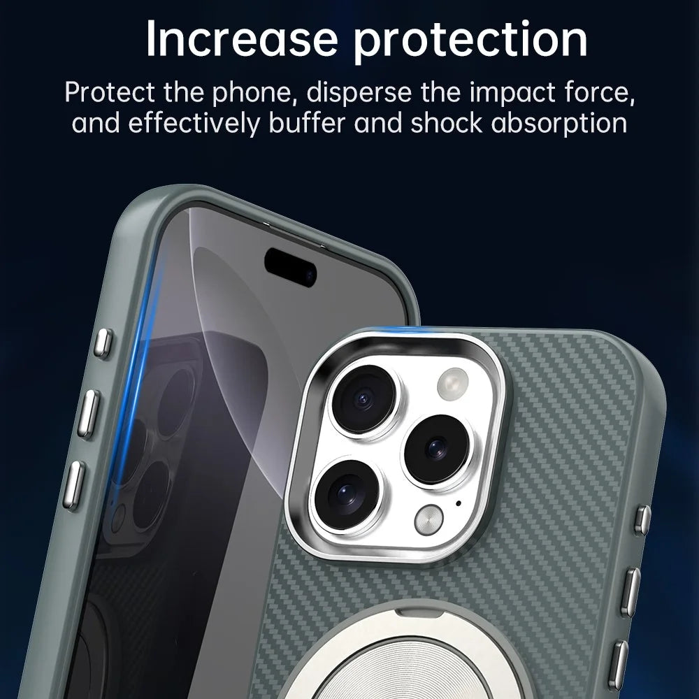 For iPhone 16 Pro Max Case Rotating Magnetic Kickstand Carbon Fiber Texture TPU + PET + PC Phone Cover - Green - 7