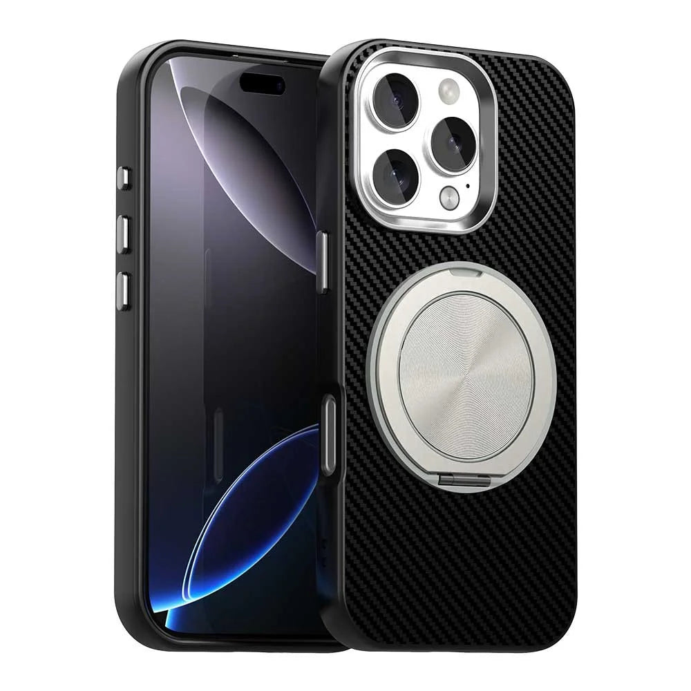For iPhone 16 Pro Case Rotating Magnetic Kickstand Carbon Fiber Texture TPU + PET + PC Phone Cover - Black - 1