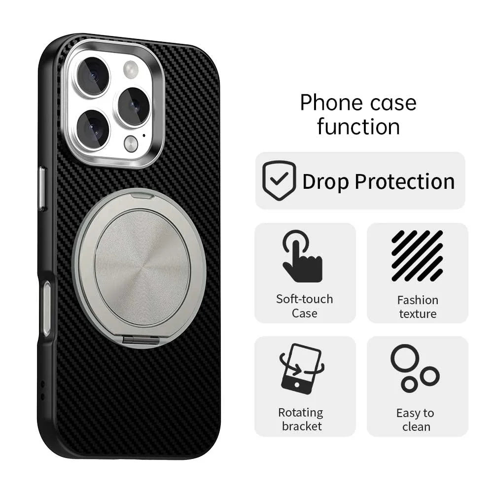 For iPhone 16 Pro Case Rotating Magnetic Kickstand Carbon Fiber Texture TPU + PET + PC Phone Cover - Black - 2