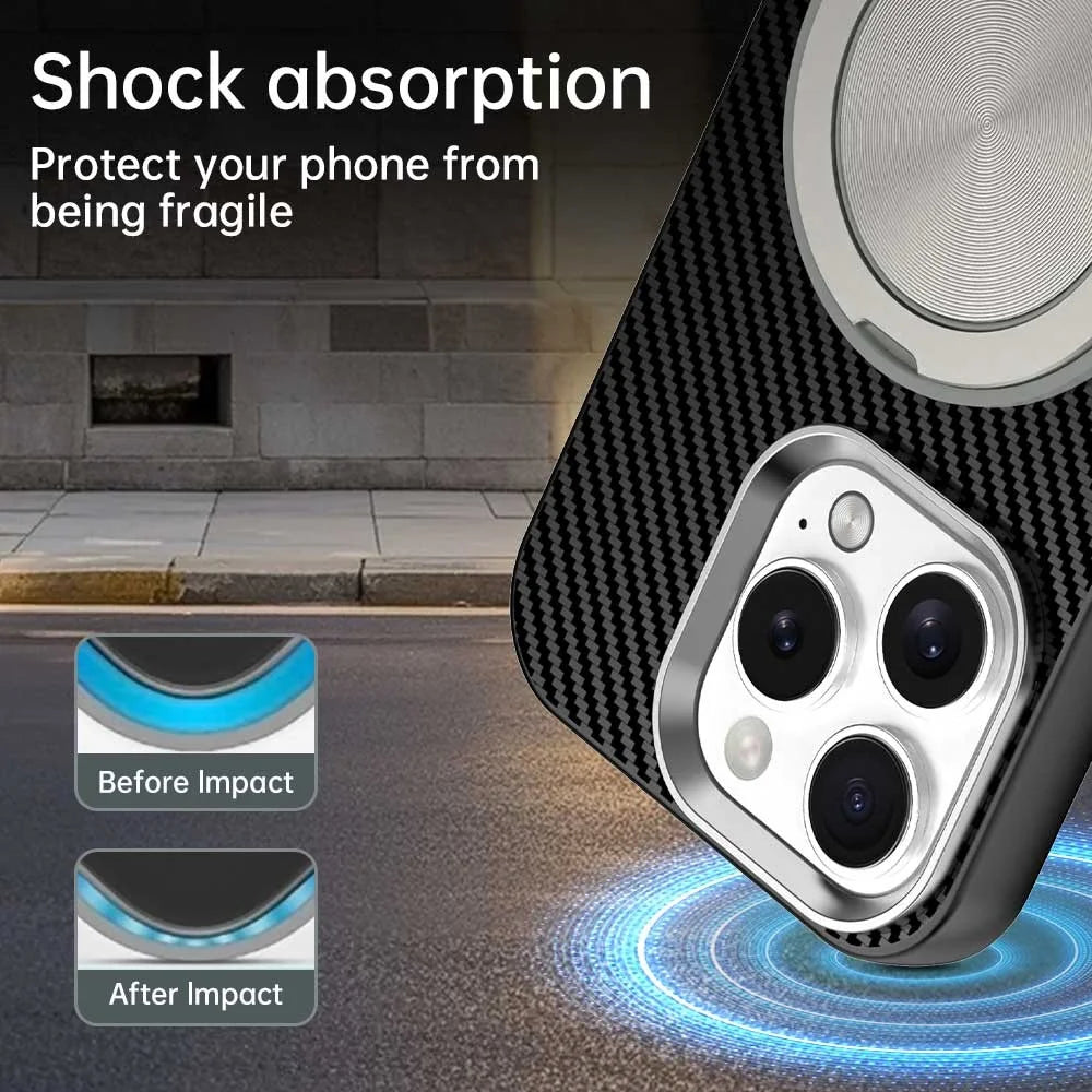 For iPhone 16 Pro Case Rotating Magnetic Kickstand Carbon Fiber Texture TPU + PET + PC Phone Cover - Black - 3