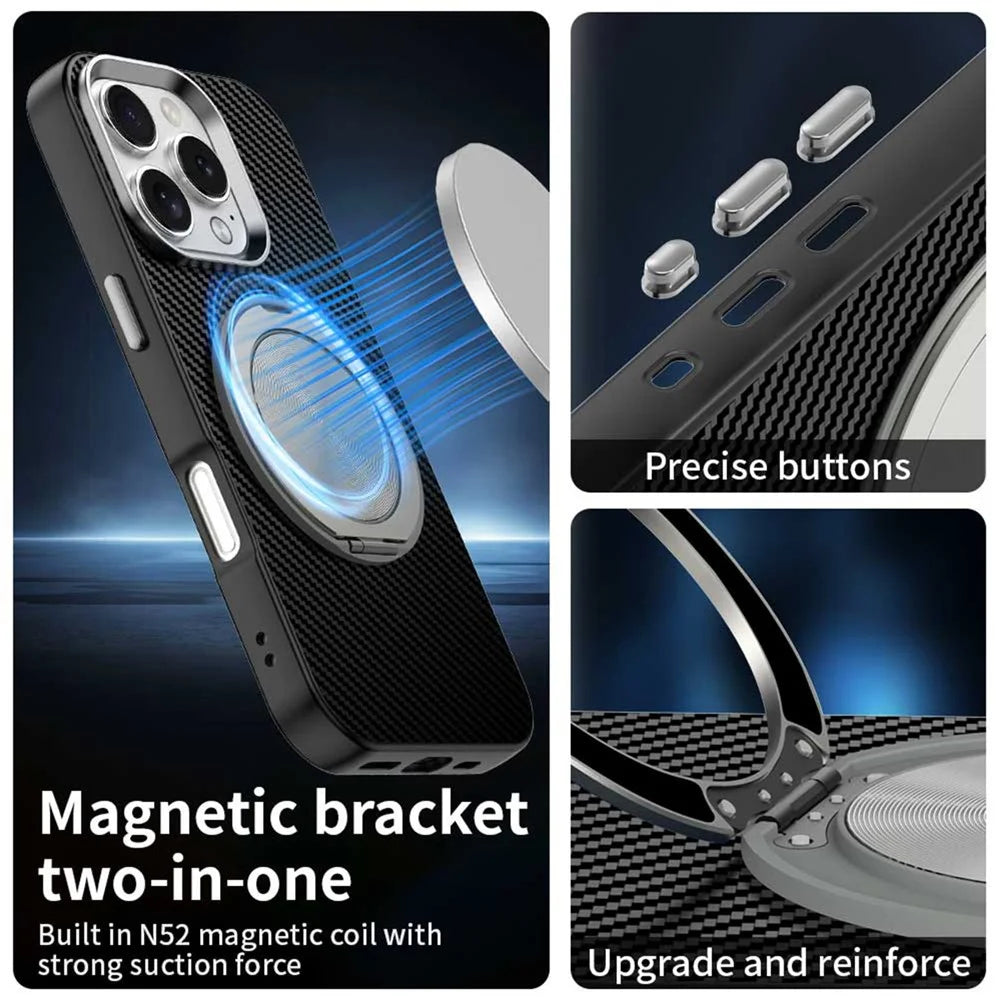 For iPhone 16 Pro Case Rotating Magnetic Kickstand Carbon Fiber Texture TPU + PET + PC Phone Cover - Black - 5