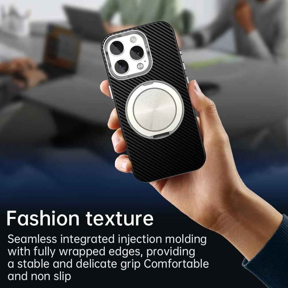 For iPhone 16 Pro Case Rotating Magnetic Kickstand Carbon Fiber Texture TPU + PET + PC Phone Cover - Black - 6