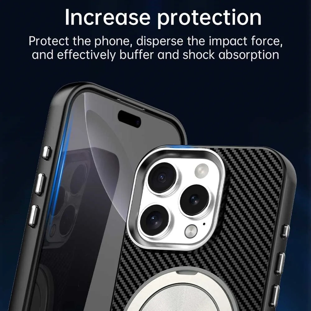 For iPhone 16 Pro Case Rotating Magnetic Kickstand Carbon Fiber Texture TPU + PET + PC Phone Cover - Black - 7