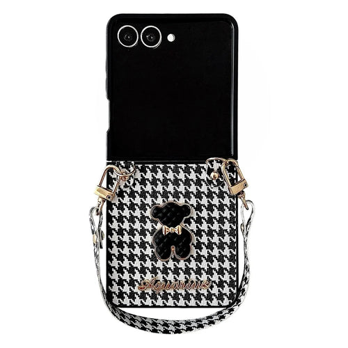 For Samsung Galaxy Z Flip7 5G Case Bear Charm PU Leather + PC Phone Cover with Wrist Strap  - Houndstooth - 1