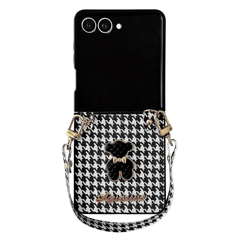 For Samsung Galaxy Z Flip7 5G Case Bear Charm PU Leather + PC Phone Cover with Wrist Strap  - Houndstooth - 1