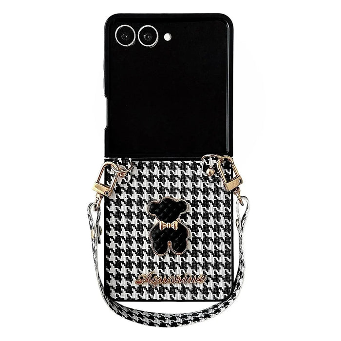 For Samsung Galaxy Z Flip8 Case Bear Charm PU Leather + PC Phone Cover with Wrist Strap - Houndstooth - 1