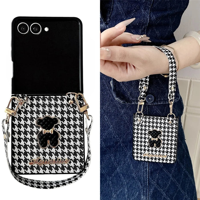 For Samsung Galaxy Z Flip8 Case Bear Charm PU Leather + PC Phone Cover with Wrist Strap - Houndstooth - 2