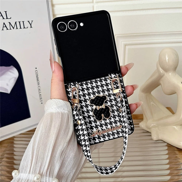 For Samsung Galaxy Z Flip8 Case Bear Charm PU Leather + PC Phone Cover with Wrist Strap - Houndstooth - 3