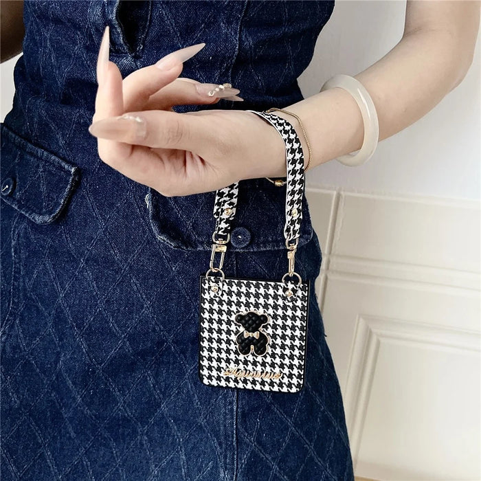 For Samsung Galaxy Z Flip8 Case Bear Charm PU Leather + PC Phone Cover with Wrist Strap - Houndstooth - 4