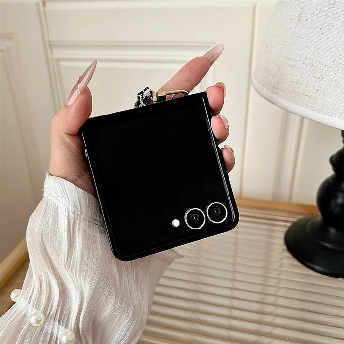 For Samsung Galaxy Z Flip8 Case Bear Charm PU Leather + PC Phone Cover with Wrist Strap - Houndstooth - 6