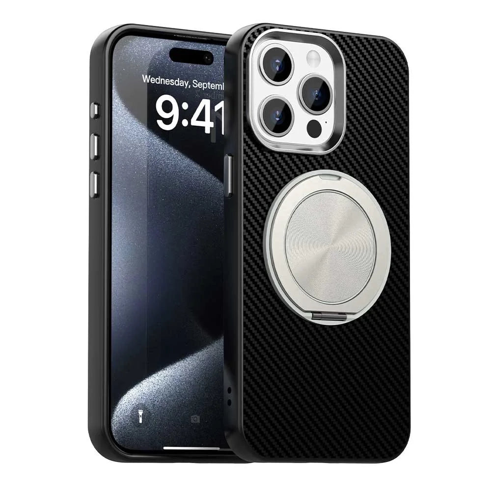 For iPhone 15 Pro Case Rotating Magnetic Kickstand Carbon Fiber Texture TPU + PET + PC Phone Cover - Black - 1