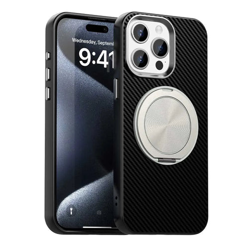 For iPhone 15 Pro Case Rotating Magnetic Kickstand Carbon Fiber Texture TPU + PET + PC Phone Cover - Black - 1