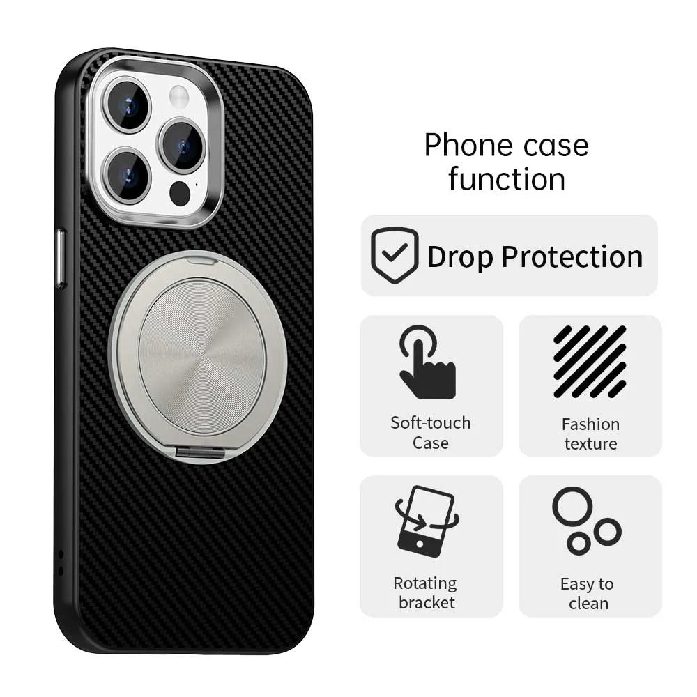 For iPhone 15 Pro Case Rotating Magnetic Kickstand Carbon Fiber Texture TPU + PET + PC Phone Cover - Black - 2