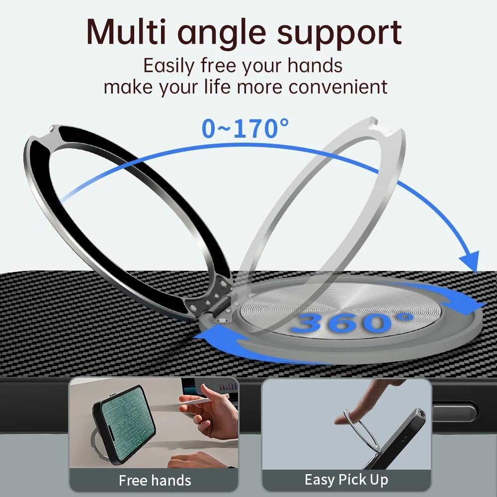For iPhone 15 Pro Case Rotating Magnetic Kickstand Carbon Fiber Texture TPU + PET + PC Phone Cover - Black - 4