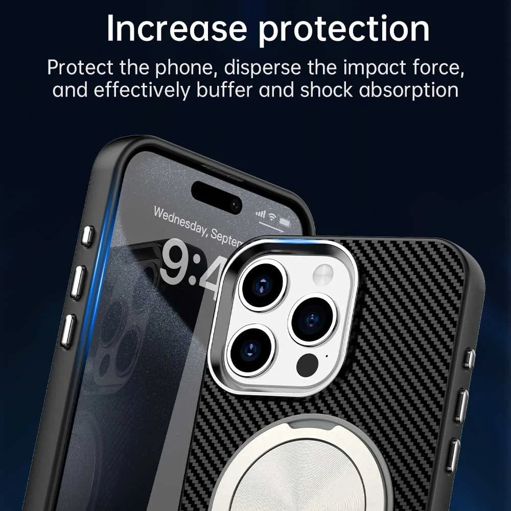For iPhone 15 Pro Case Rotating Magnetic Kickstand Carbon Fiber Texture TPU + PET + PC Phone Cover - Black - 7