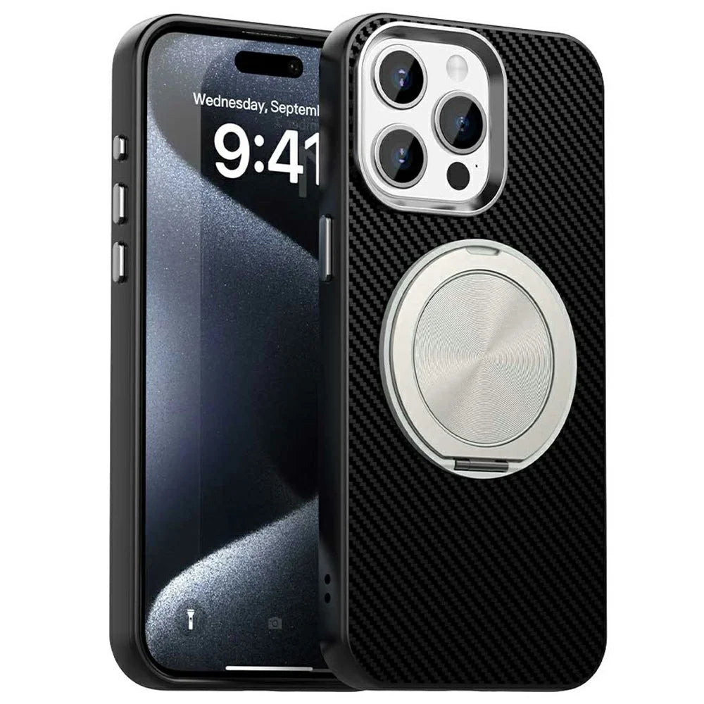 For iPhone 15 Pro Max Case Rotating Magnetic Kickstand Carbon Fiber Texture TPU + PET + PC Phone Cover - Black - 1
