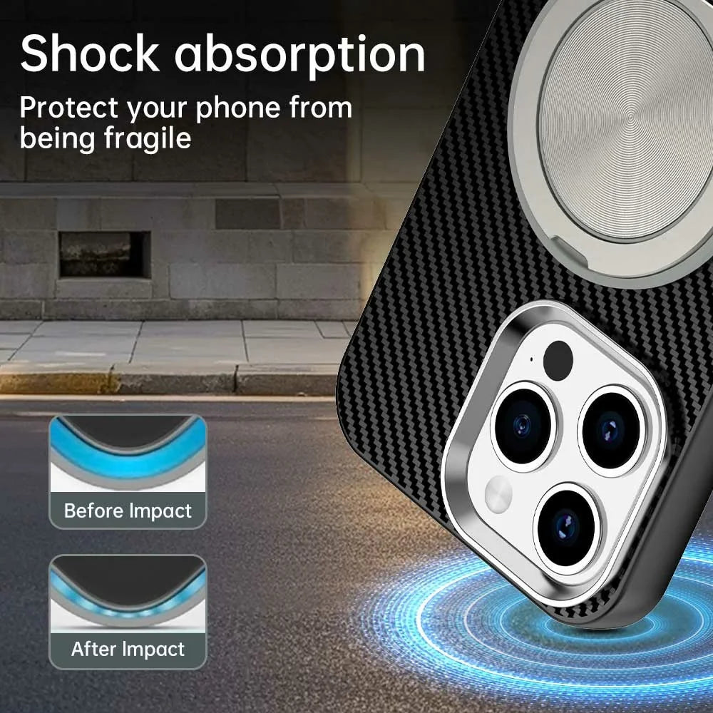 For iPhone 15 Pro Max Case Rotating Magnetic Kickstand Carbon Fiber Texture TPU + PET + PC Phone Cover - Black - 3