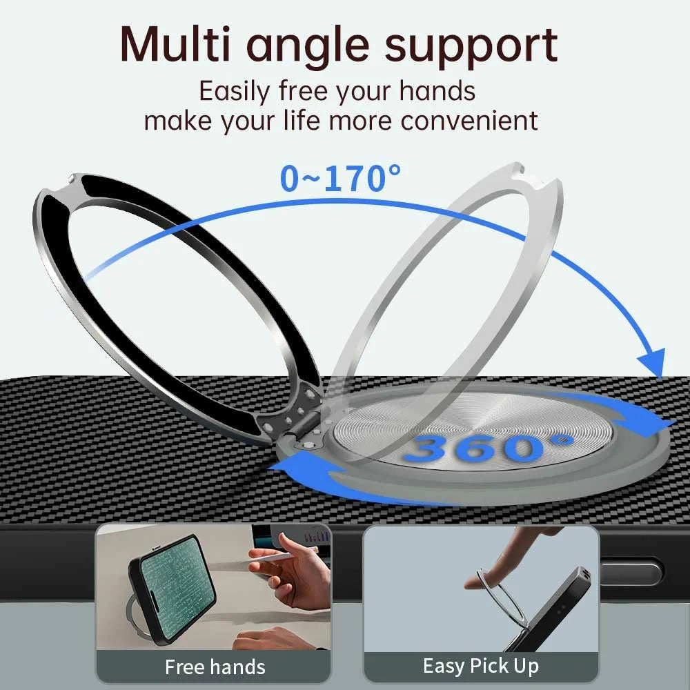 For iPhone 15 Pro Max Case Rotating Magnetic Kickstand Carbon Fiber Texture TPU + PET + PC Phone Cover - Black - 4