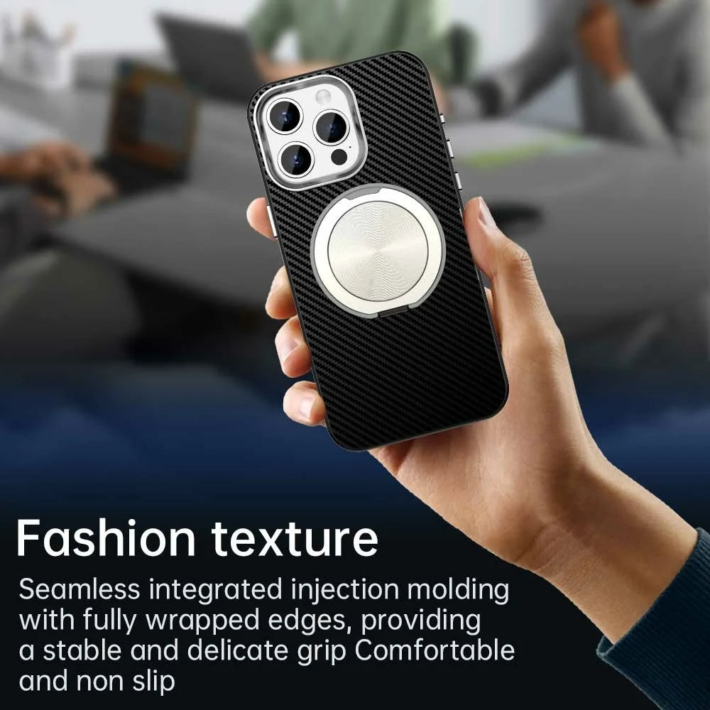 For iPhone 13 Pro Max Case Rotating Magnetic Kickstand Carbon Fiber Texture TPU + PET + PC Phone Cover - Black - 6