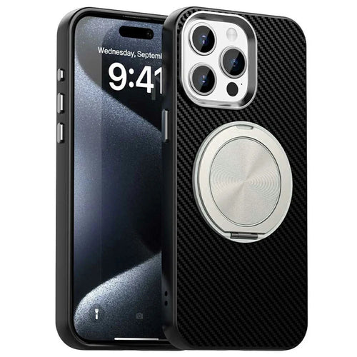 For iPhone 13 Pro Case Rotating Magnetic Kickstand Carbon Fiber Texture TPU + PET + PC Phone Cover - Black - 1