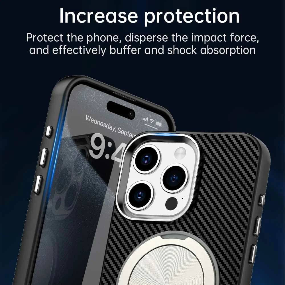 For iPhone 13 Pro Case Rotating Magnetic Kickstand Carbon Fiber Texture TPU + PET + PC Phone Cover - Black - 7