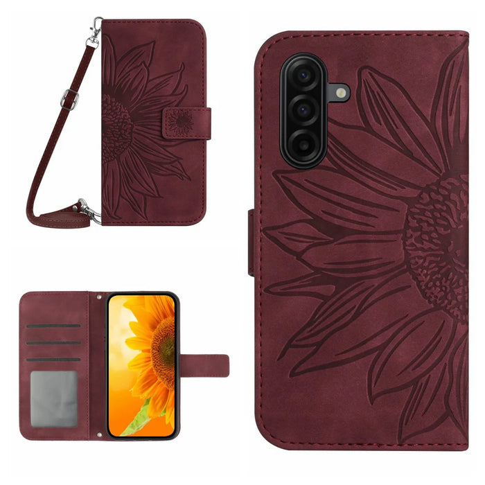 For Samsung Galaxy S25+ Wallet Case Sunflower Imprinted  PU Leather Phone Stand Cover with Shoulder Strap - Wine Red - 1