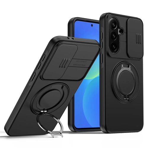 For Samsung Galaxy S26 FE Magnetic Case Ring Kickstand Slide Camera Cover TPU PC Hybrid Phone Shell - Black - 1