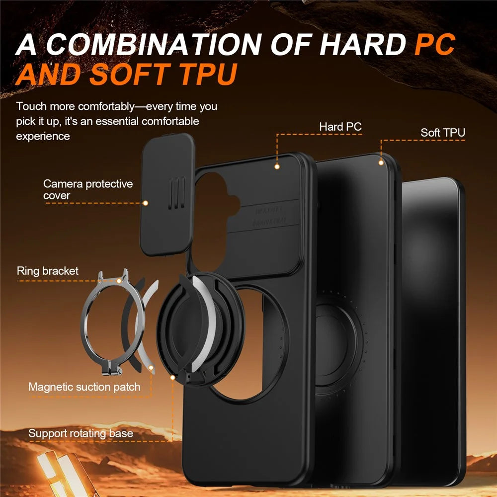 For Samsung Galaxy S26 FE Magnetic Case Ring Kickstand Slide Camera Cover TPU PC Hybrid Phone Shell - Black - 7