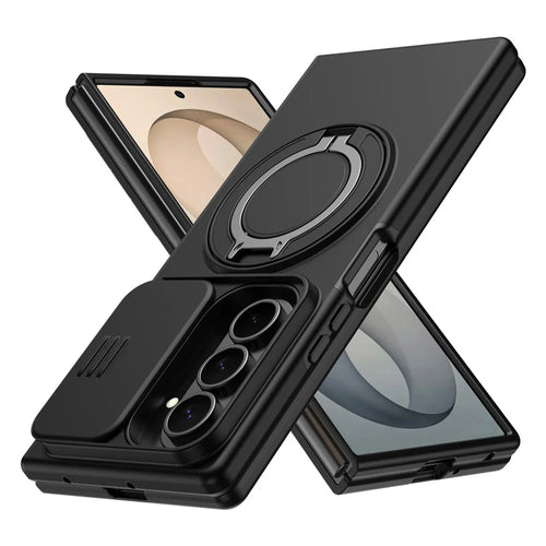For Samsung Galaxy Z Fold8 Ultra / Z Fold7 5G Magnetic Case Ring Kickstand Slide Camera Cover TPU PC Hybrid Phone Shell - Black - 1