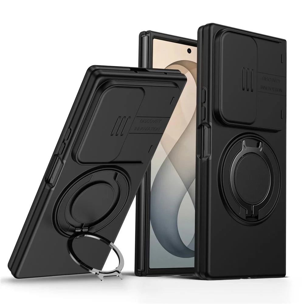 For Samsung Galaxy Z Fold8 Ultra / Z Fold7 5G Magnetic Case Ring Kickstand Slide Camera Cover TPU PC Hybrid Phone Shell - Black - 2