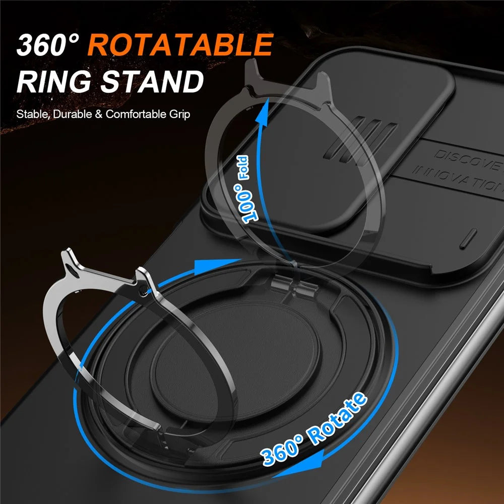 For Samsung Galaxy Z Fold8 Ultra / Z Fold7 5G Magnetic Case Ring Kickstand Slide Camera Cover TPU PC Hybrid Phone Shell - Black - 3