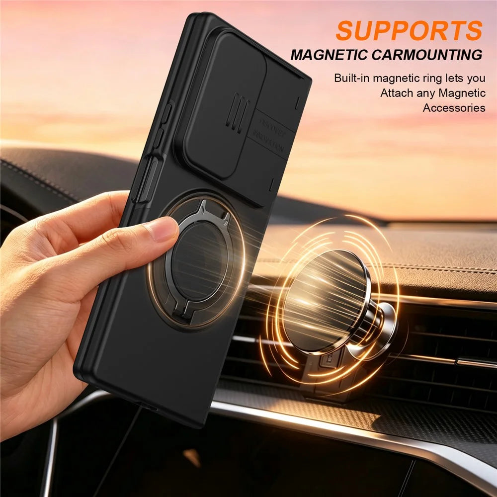 For Samsung Galaxy Z Fold8 Ultra / Z Fold7 5G Magnetic Case Ring Kickstand Slide Camera Cover TPU PC Hybrid Phone Shell - Black - 4