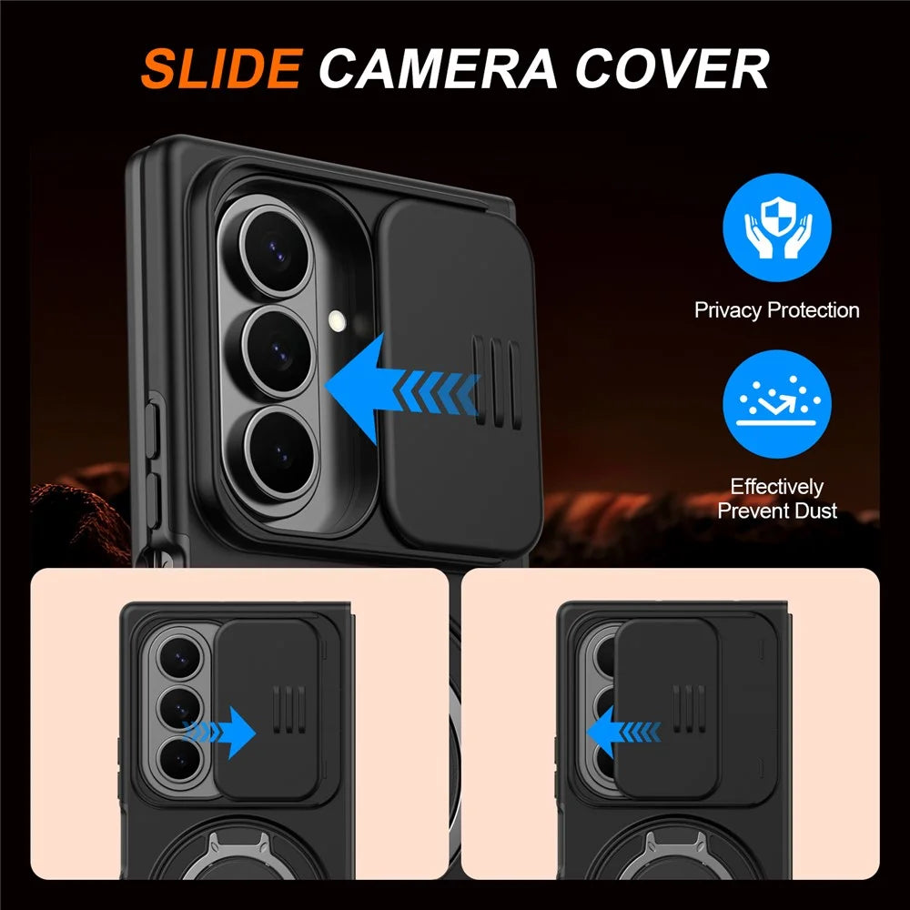 For Samsung Galaxy Z Fold8 Ultra / Z Fold7 5G Magnetic Case Ring Kickstand Slide Camera Cover TPU PC Hybrid Phone Shell - Black - 5