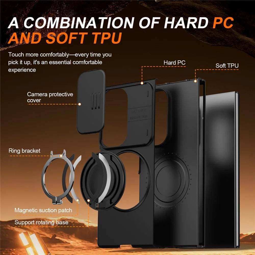 For Samsung Galaxy Z Fold8 Ultra / Z Fold7 5G Magnetic Case Ring Kickstand Slide Camera Cover TPU PC Hybrid Phone Shell - Black - 6