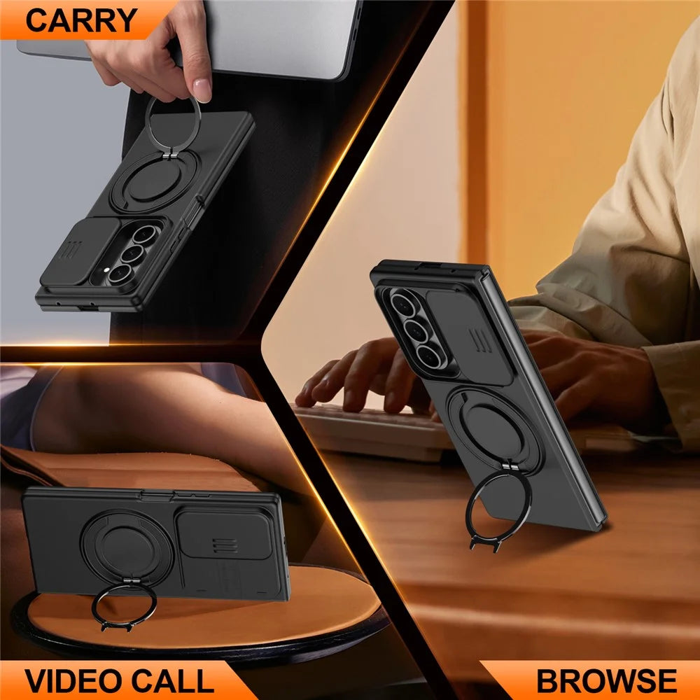 For Samsung Galaxy Z Fold8 Ultra / Z Fold7 5G Magnetic Case Ring Kickstand Slide Camera Cover TPU PC Hybrid Phone Shell - Black - 7