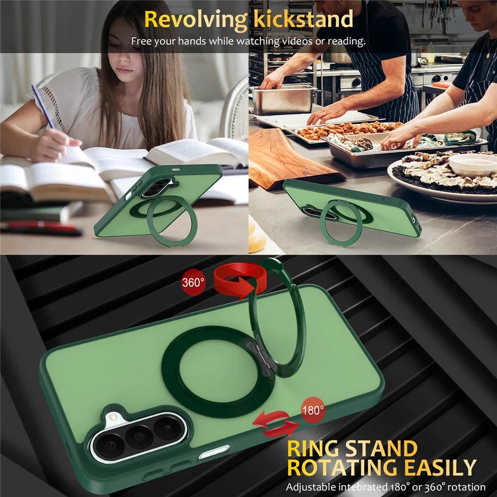 For Samsung Galaxy S26 Case with Rotating Magnetic Kickstand PC + TPU Skin-Touch Phone Cover - Green - 6