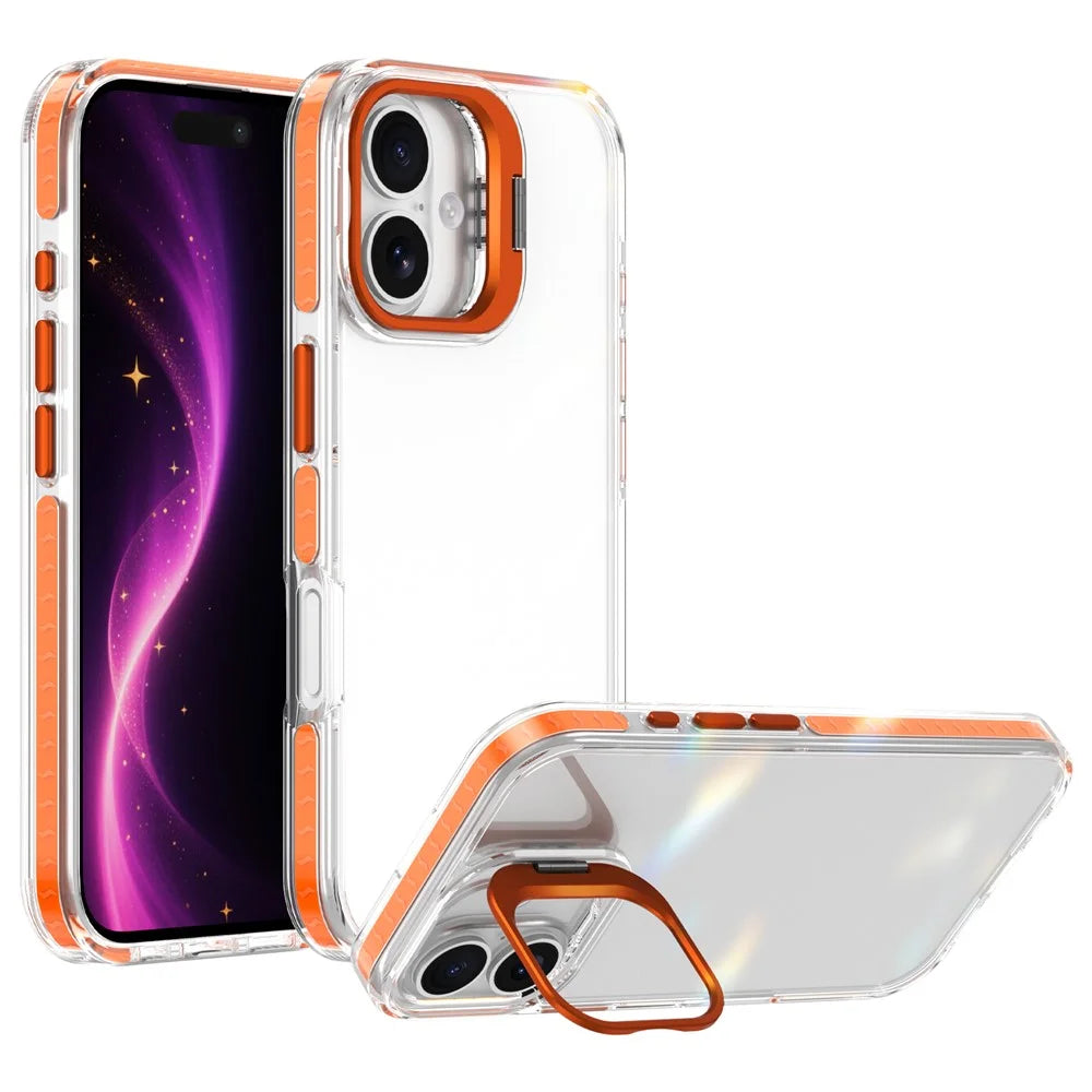 For iPhone 16 Case Metal Camera Kickstand Shockproof Clear PC + TPU Phone Cover - Transparent Orange - 1