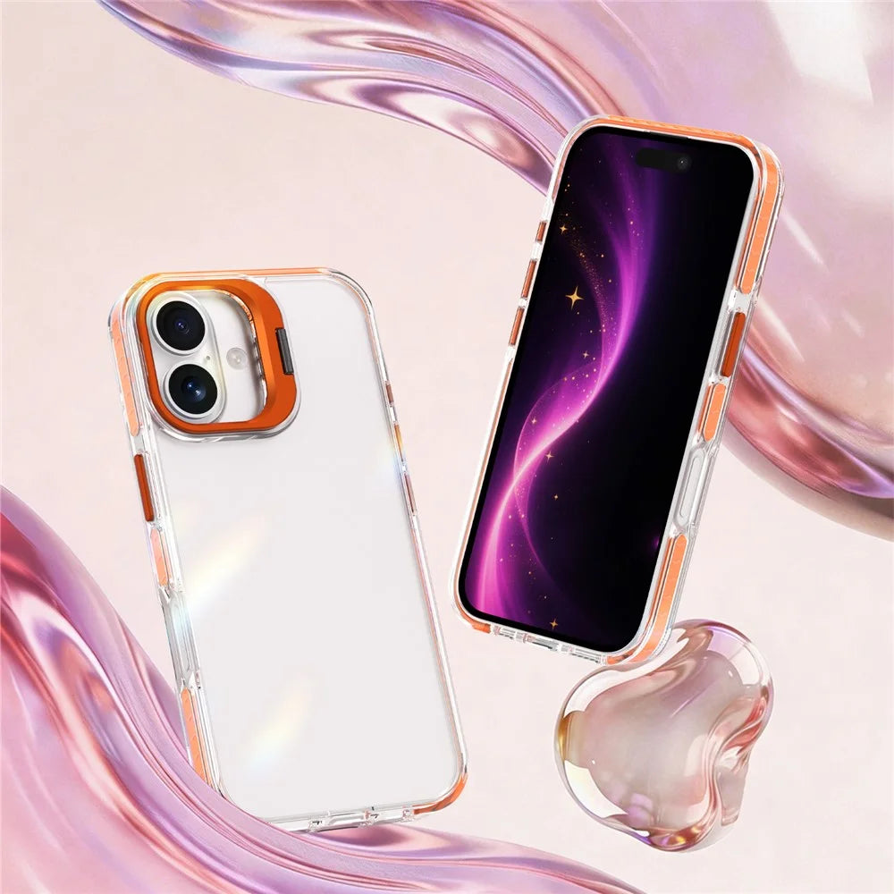 For iPhone 16 Case Metal Camera Kickstand Shockproof Clear PC + TPU Phone Cover - Transparent Orange - 2