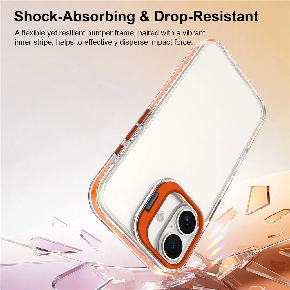 For iPhone 16 Case Metal Camera Kickstand Shockproof Clear PC + TPU Phone Cover - Transparent Orange - 3