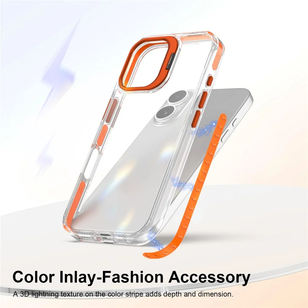 For iPhone 16 Case Metal Camera Kickstand Shockproof Clear PC + TPU Phone Cover - Transparent Orange - 4