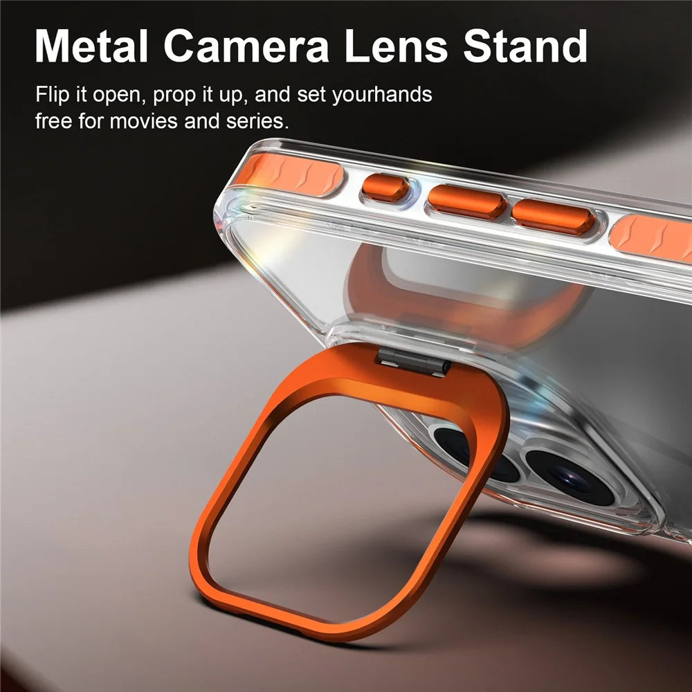 For iPhone 16 Case Metal Camera Kickstand Shockproof Clear PC + TPU Phone Cover - Transparent Orange - 5