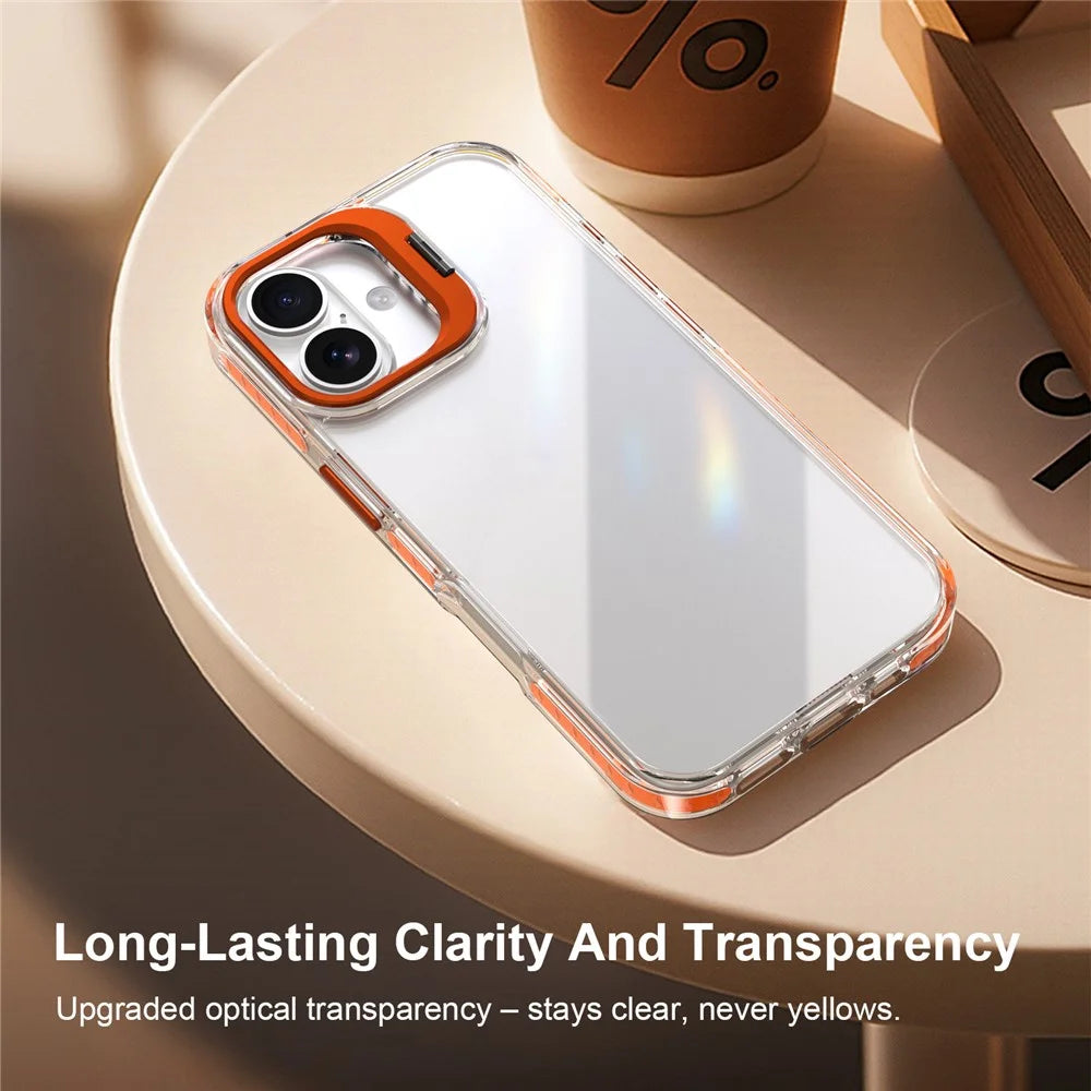For iPhone 16 Case Metal Camera Kickstand Shockproof Clear PC + TPU Phone Cover - Transparent Orange - 6