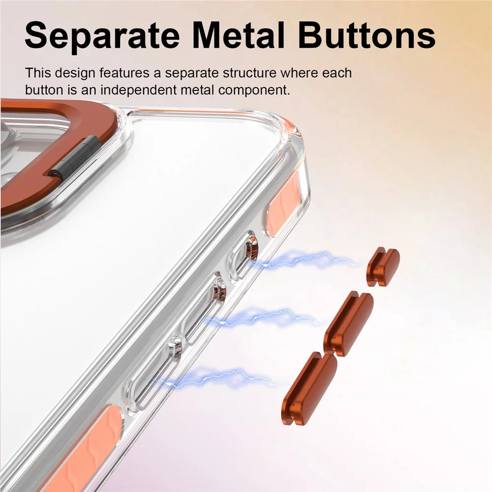 For iPhone 16 Case Metal Camera Kickstand Shockproof Clear PC + TPU Phone Cover - Transparent Orange - 7